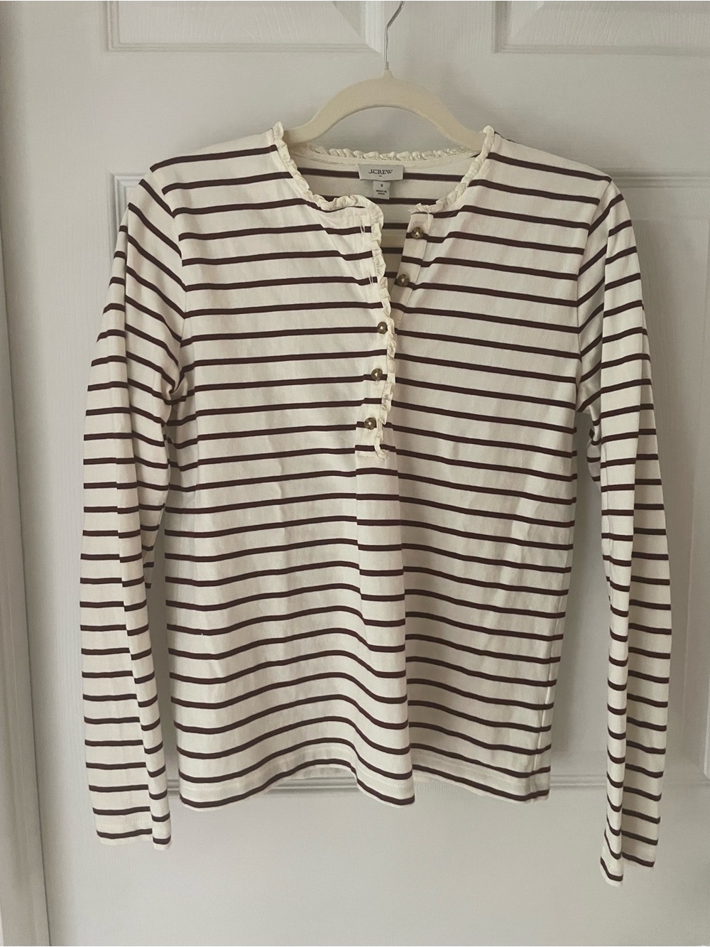 J. Crew Cream & Burgundy Stripe Ruffle Neck Henley Top